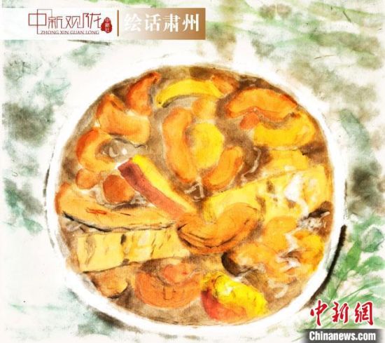 圖為酒泉美食“糊鍋”繪畫作品。　杜興彥 攝